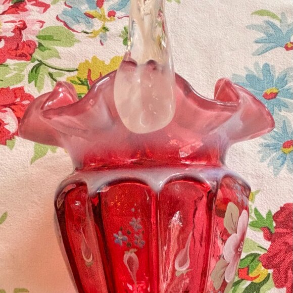 Fenton Glass Basket Cranberry Opalescent Open Heart Arches Bill and George - Picture 6 of 13